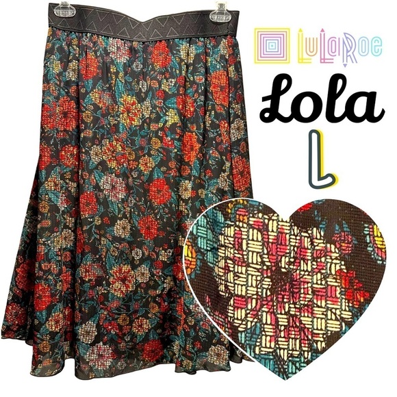 LuLaRoe Lola Lined Chiffon Midi Skirt Colorful Floral Elastic Band Large 14-16 - Picture 1 of 14